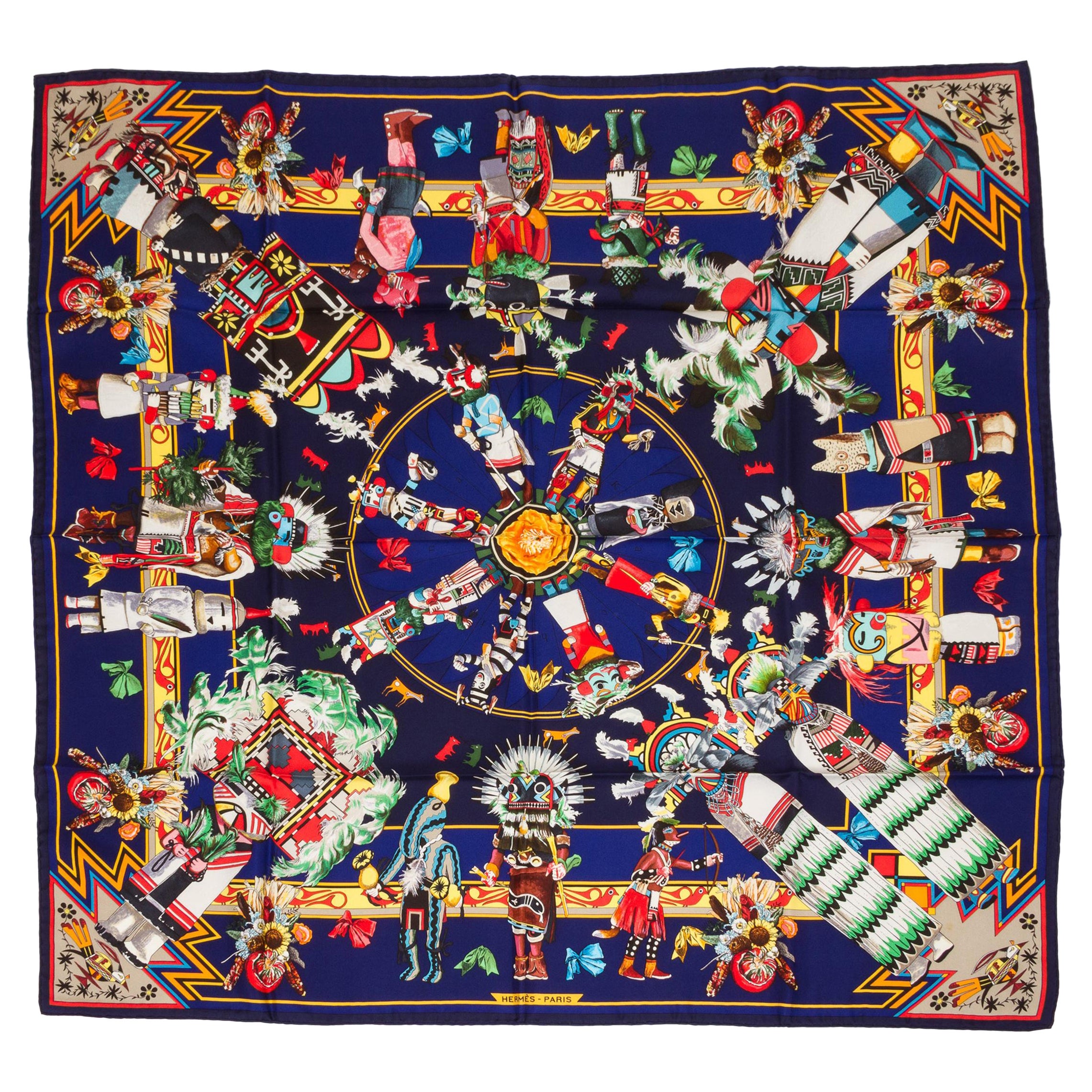 Hermès Kachinas Collectible Blue Silk Twill Kermit Oliver Scarf in Box For Sale