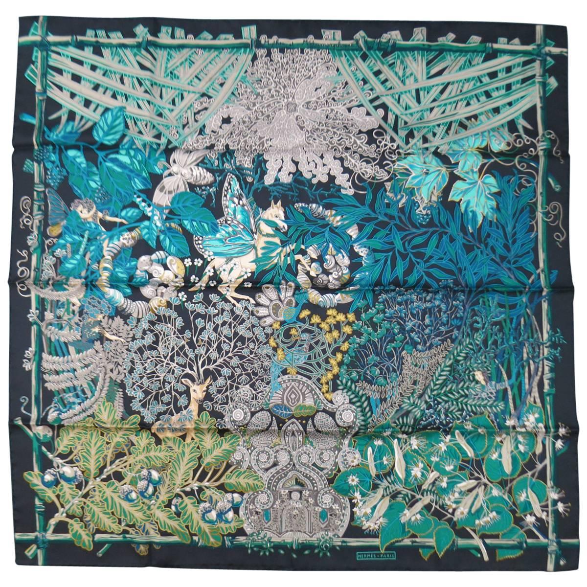 HERMES Black Blue & Green Silk 'Mythes et Metamorphoses' Scarf