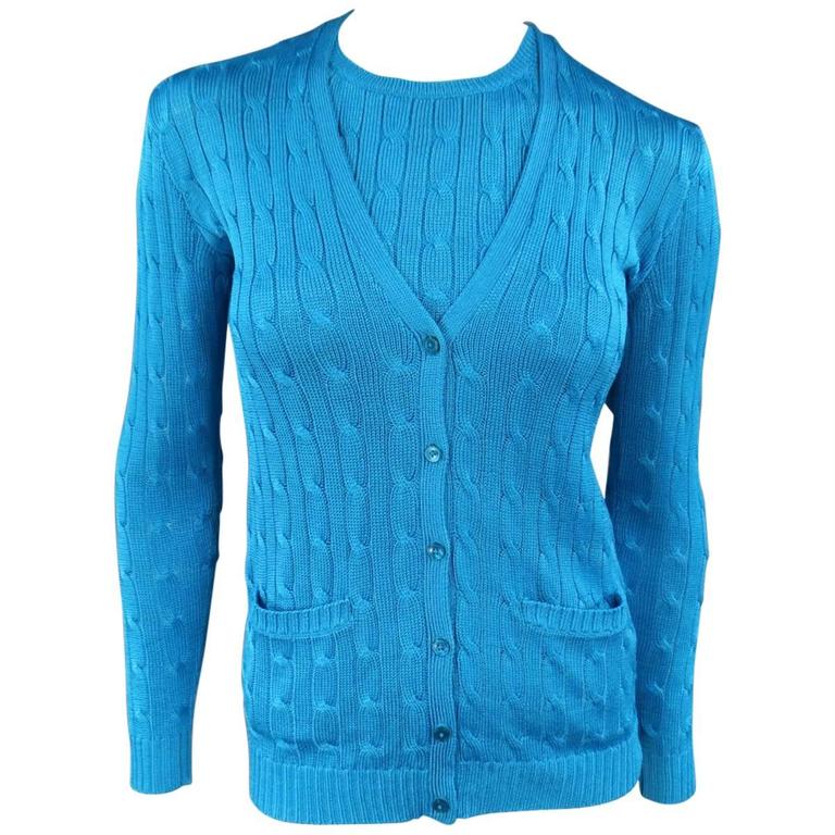 RALPH LAUREN BLACK LABEL Turquoise Blue Silk Cable Knit Tank Cardigan ...