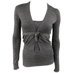 DSQUARED2 Charcoal Semi Sheer Wool Cropped Bow Snap Cardigan Tank Twin Set