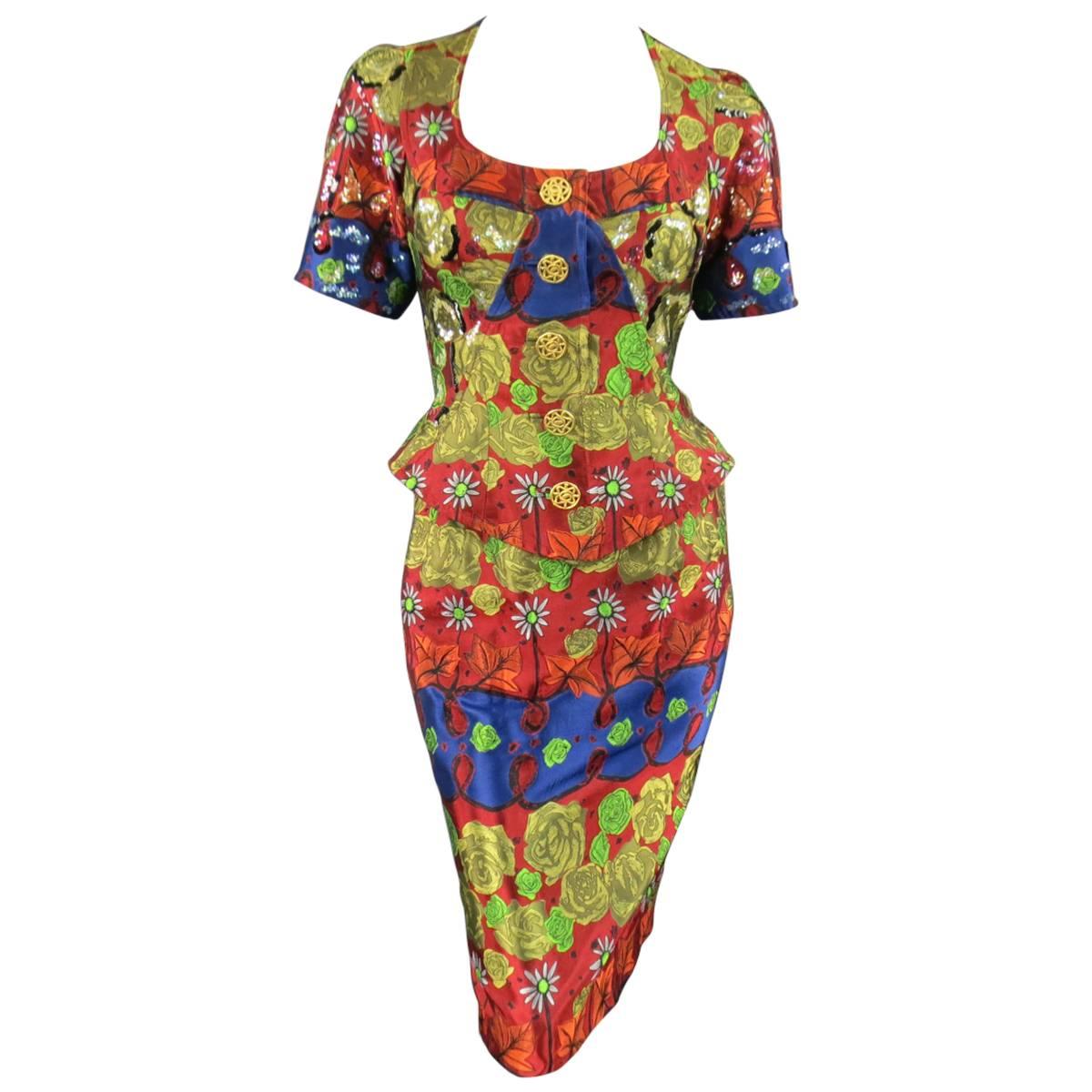 CHRISTIAN LACROIX Red Gold Navy 
Green Rose Floral Print Sequin Skirt Suit
