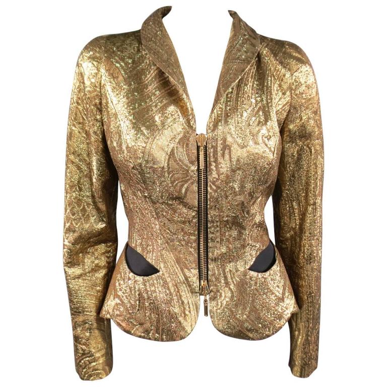 EMANUEL UNGARO Size 4 Metallic Gold Paisley Silk Blend Zip Jacket at ...