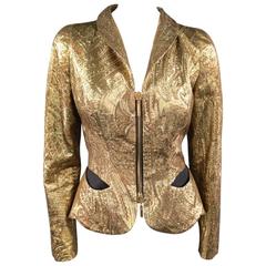 EMANUEL UNGARO Size 4 Metallic Gold Paisley Silk Blend Zip Jacket