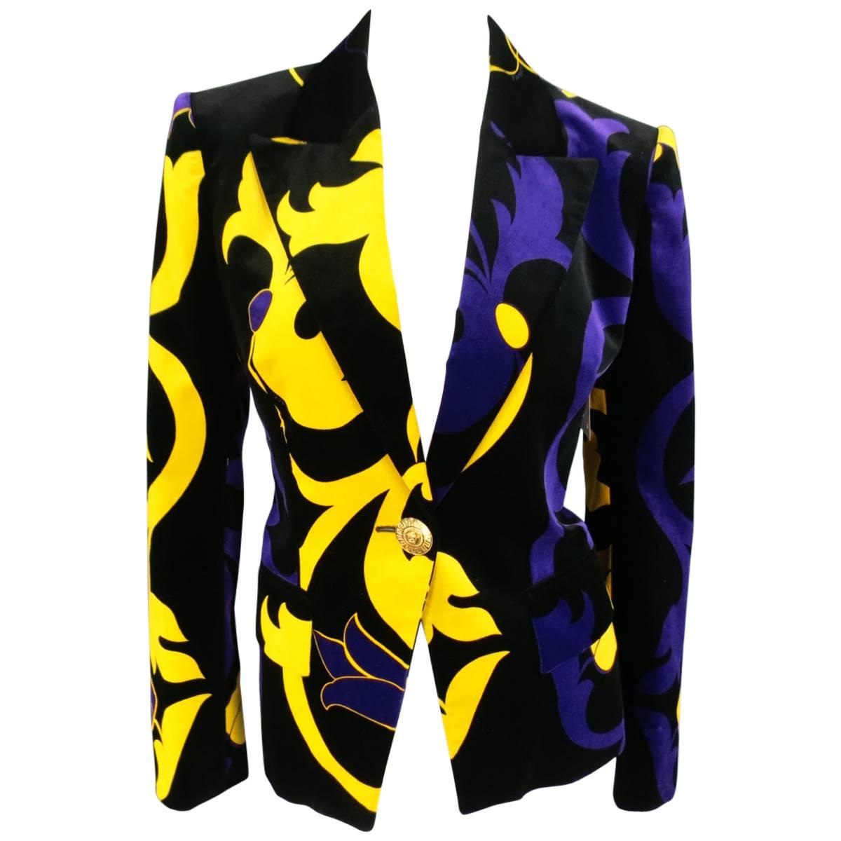 VERSACE Size 6 Black Gold Yellow & Violet Purple Floral Velvet Blazer