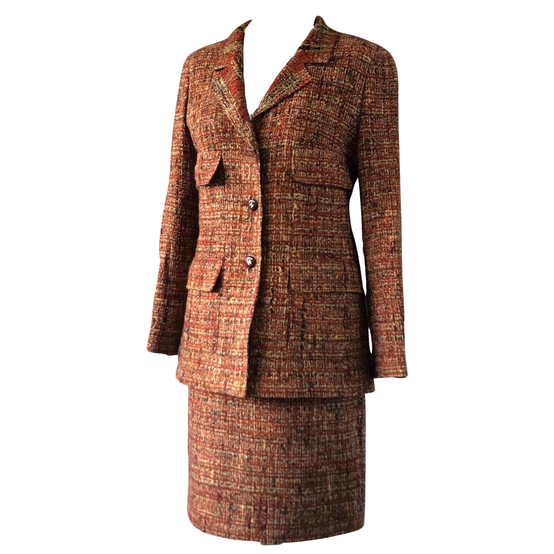 CHANEL 1998 Orange & Beige Wool Tweed Vintage Skirt Suit Bouclé CC Buttons