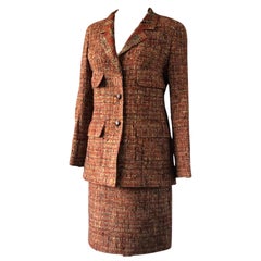 CHANEL 1998 Orange & Beige Wool Tweed Used Skirt Suit Bouclé CC Buttons