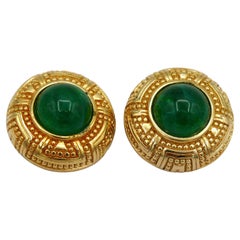CHRISTIAN DIOR Vintage Gold Tone Green Glass Cabochon Clip-On Earrings
