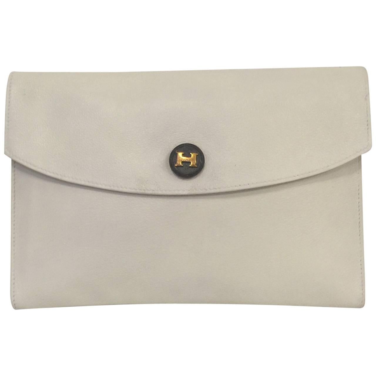 Vintage Hermes White Leather Envelope Clutch GHW
