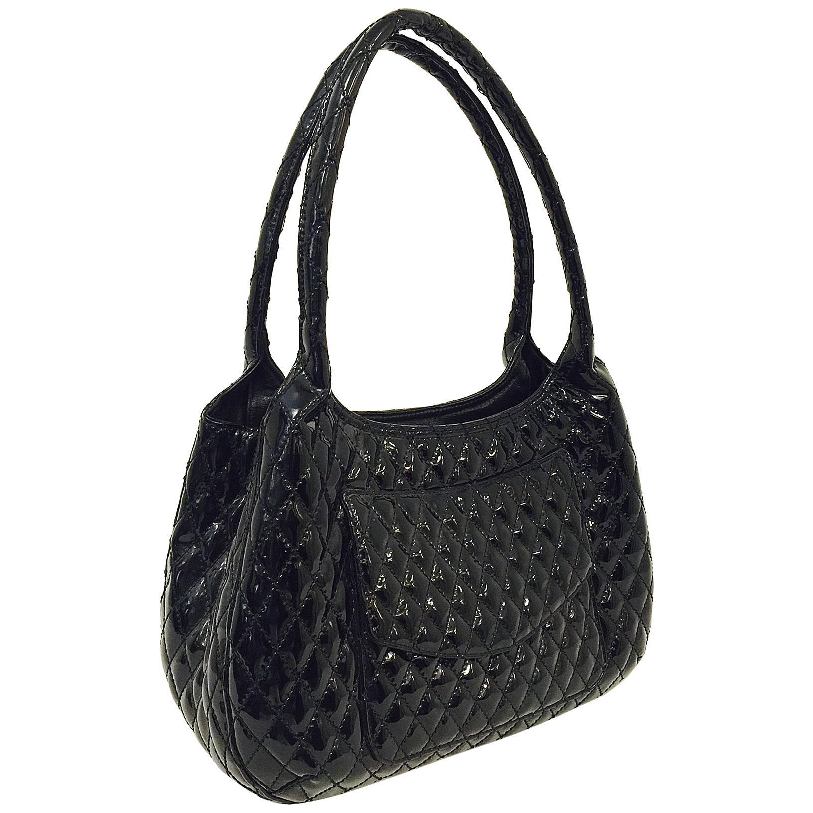 Eric Javits Black Patent Diamond Quilted Shoulder Bag With Tassel 