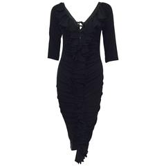 Just Cavalli Black Viscose Body Conscious Ruched Sheath Dress With Ruffles