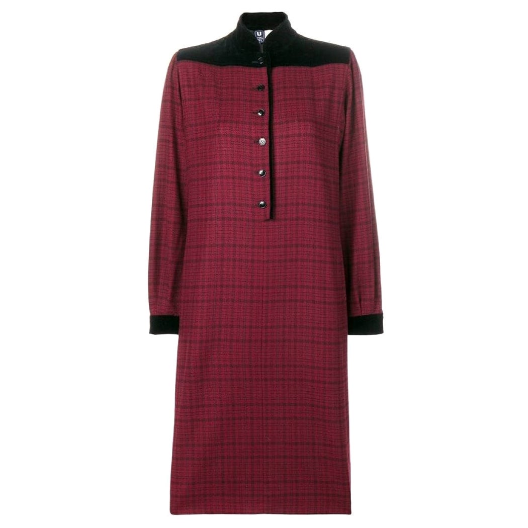 80s Emanuel Ungaro burgundy wool dress with black checked pattern For Sale