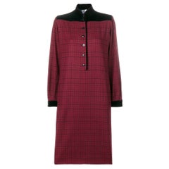 Vintage 80s Emanuel Ungaro burgundy wool dress with black checked pattern