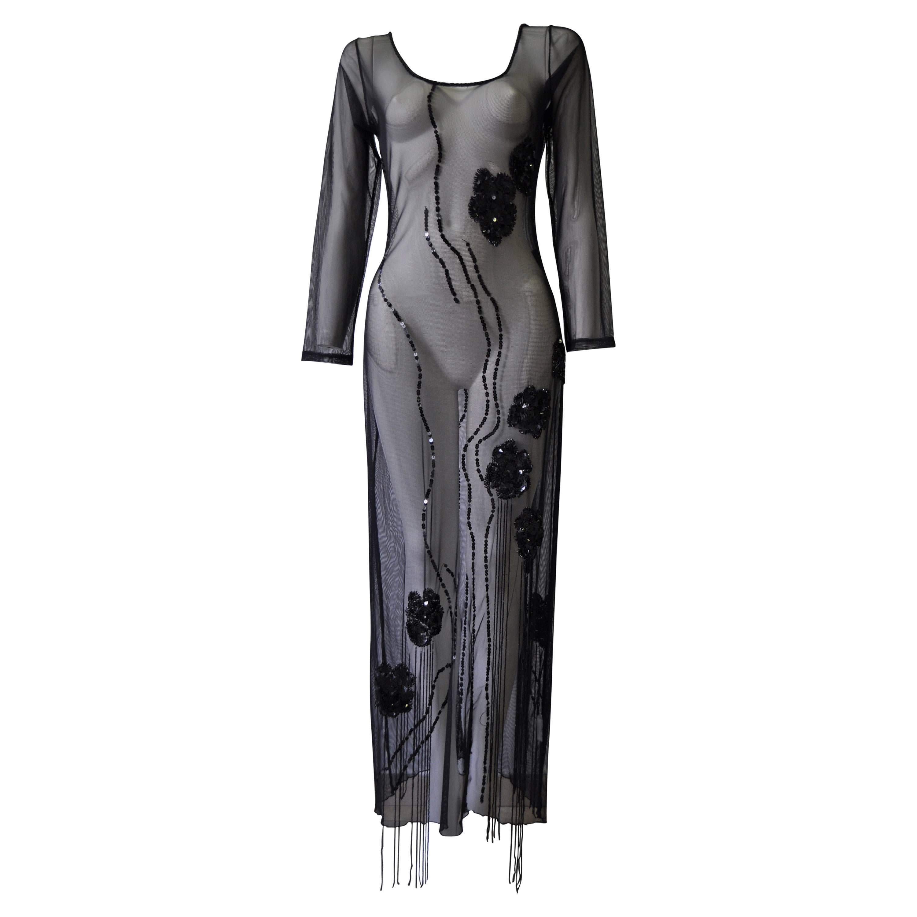 Exclusive Loris Azzaro Sheer Silk Net Hand Embroidered Evening Gown For Sale