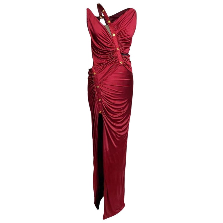 S/2019 VERSACE BURGUNDY DRAPED ASYMMETRIC Dress IT 36 For Sale at 1stDibs