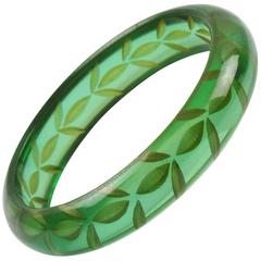 Bakelite Bracelet Bangle Reverse Carved Transparent Emerald Green Prystal 6