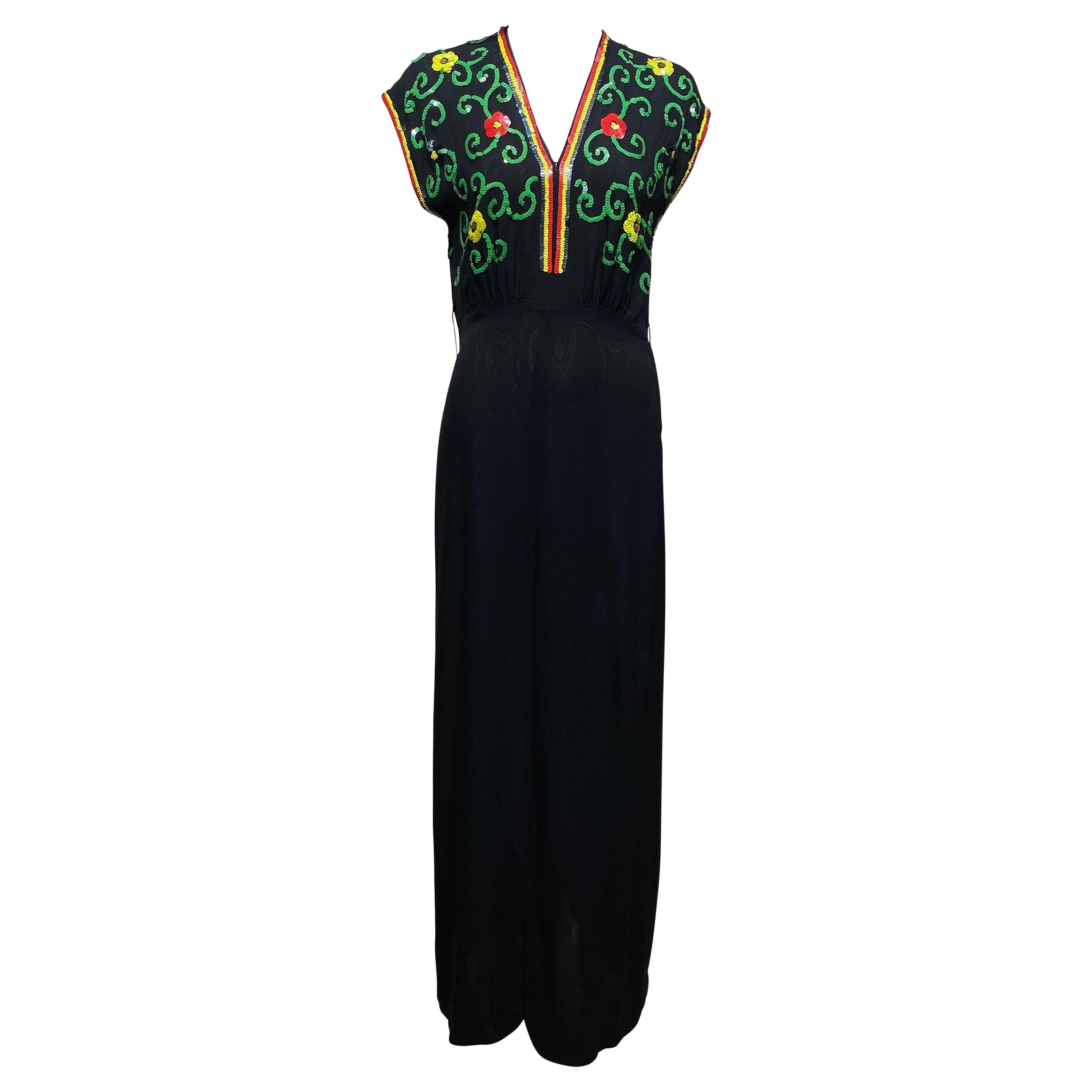 1940s Black Crepe Dress with Multi Color Sequin Dress For Sale