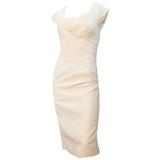 60s Cream Silk Sheath Dress with Rouched Bodice 