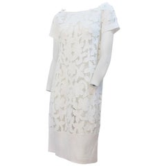 60s White Irish Linen Cutout Crochet Lace Shift Dress 