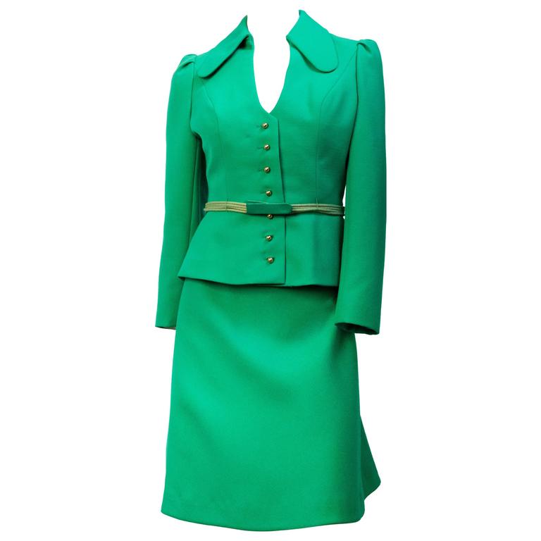 Late 60s Fitted Green Skirt Suit with Cord and Leather Belt at 1stdibs