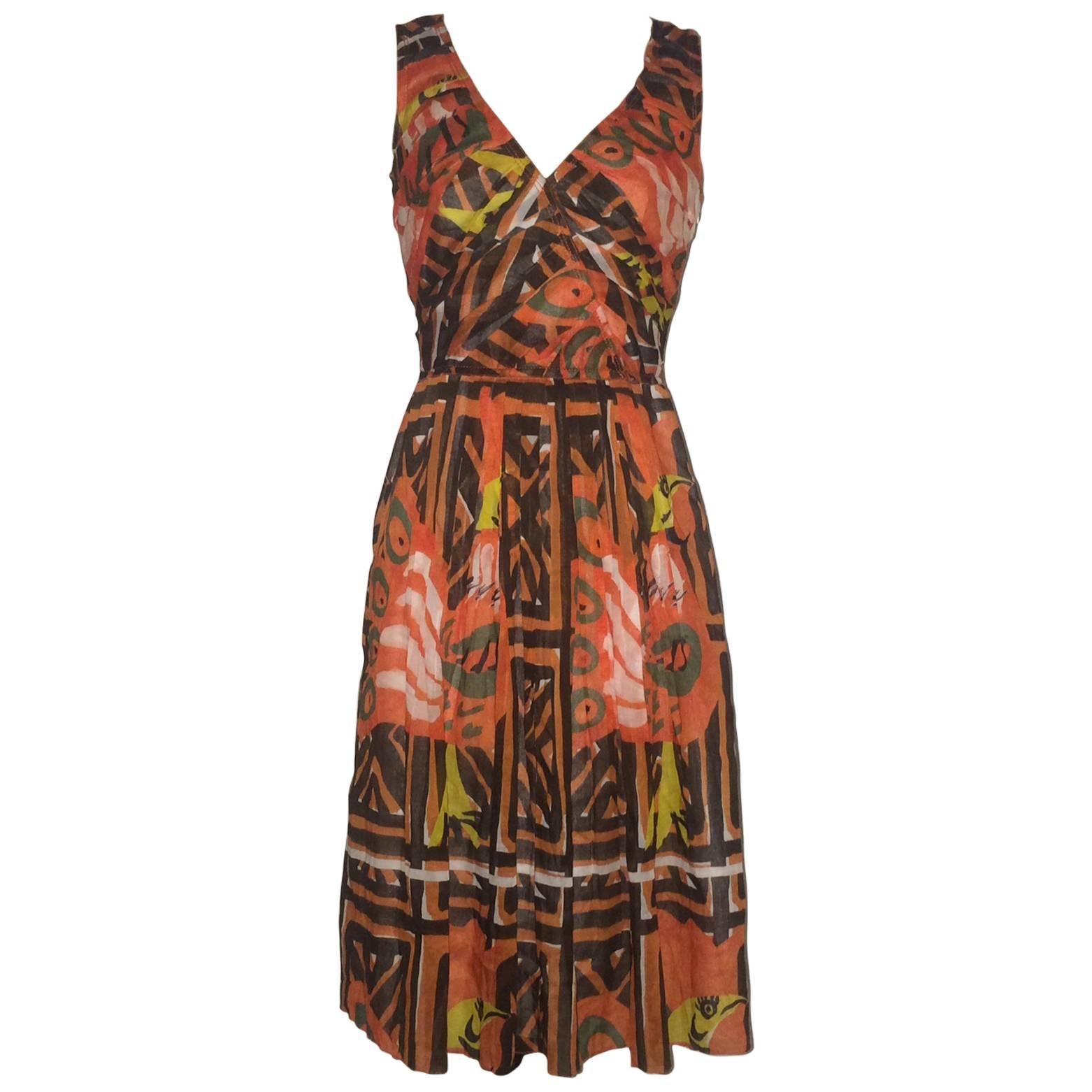 Prada Orange Pleated Tribal Print Cotton Sleeveless Sun Dress 