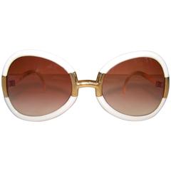 Hip 1970's Ted Lapidus White & Gold Sunglasses With Orangey Brown Lenses