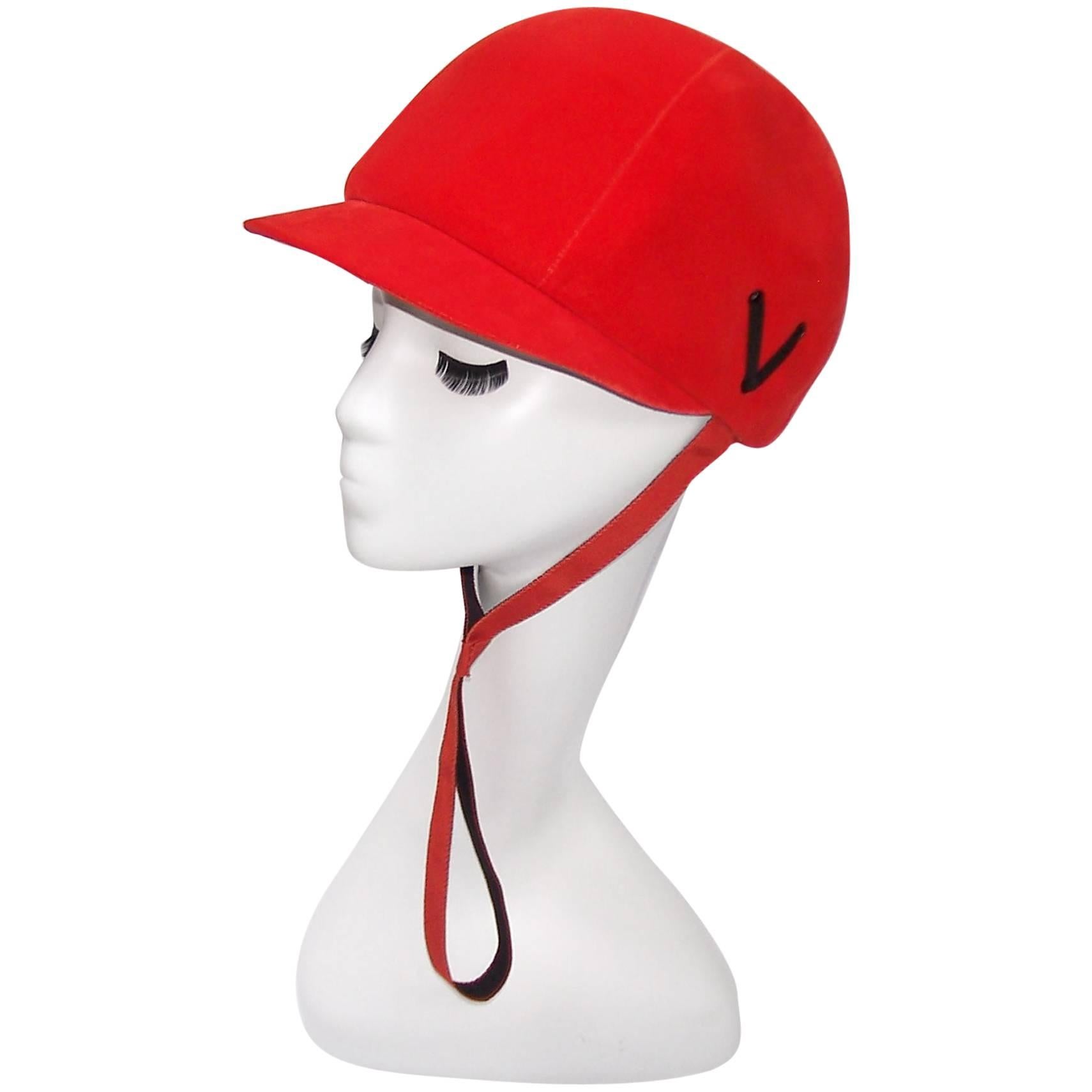 Mod 1960's Adolfo II Fire Engine Red Velvet Riding Cap Hat