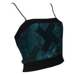 EMPORIO ARMANI FW2002 Turquoise sequins silk top with black pearls