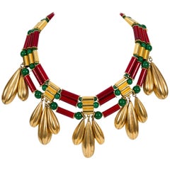 YSL Tribal Drop Gold Red Green Necklace