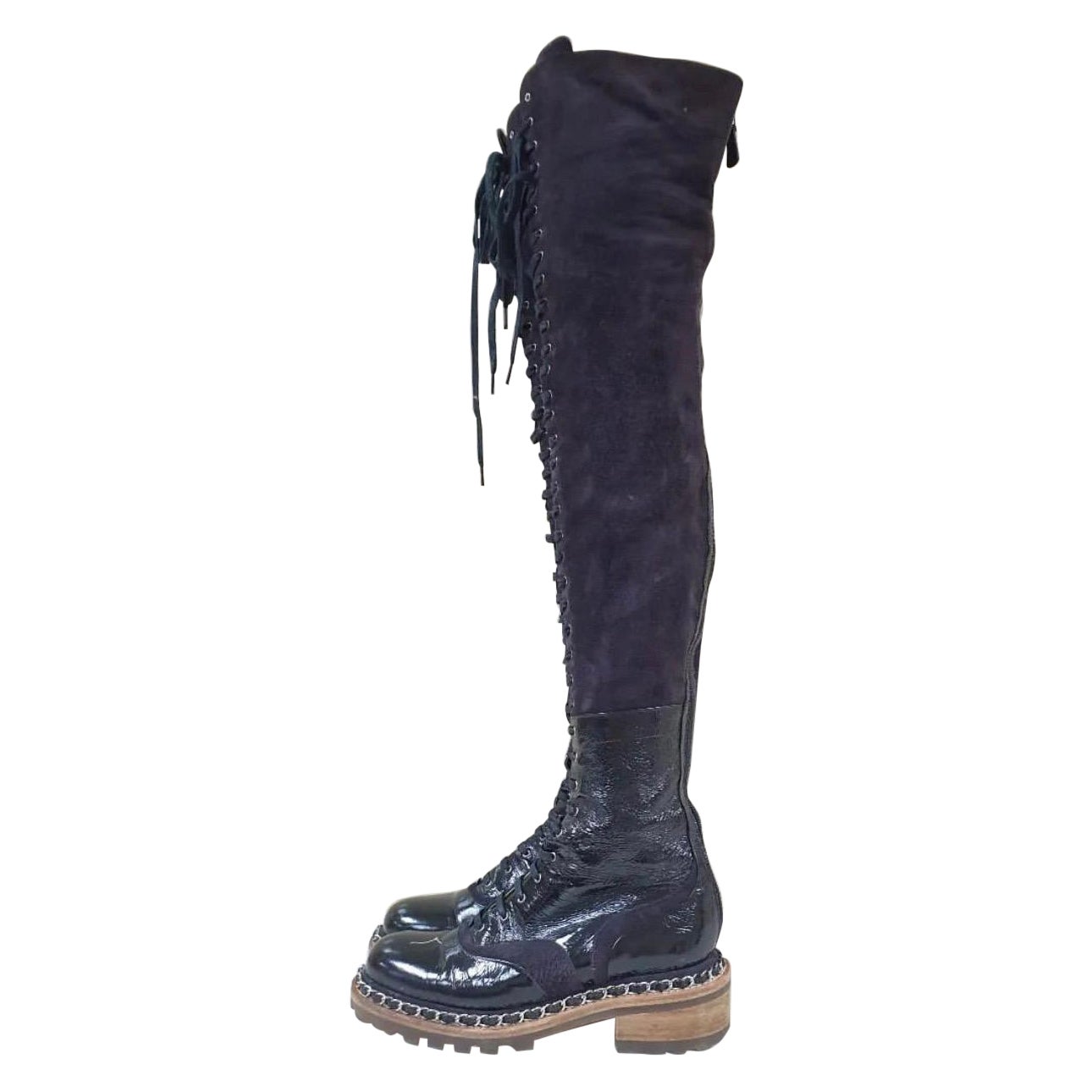 Chanel Paris Salzburg Black Leather Suede Over Knee Boots 