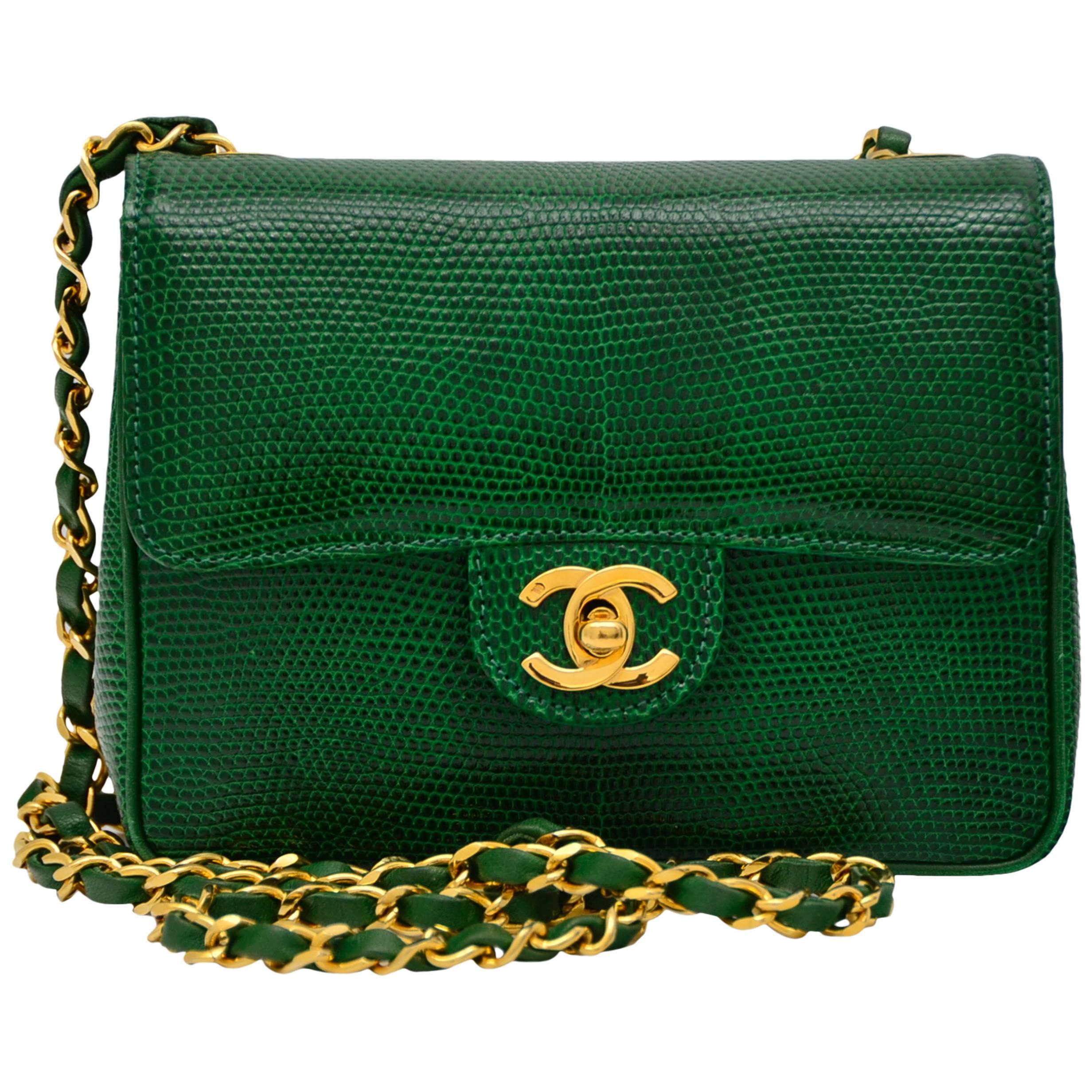 CHANEL Rare Vintage  Emerald Green Lizard Mini Handbag  Excellent