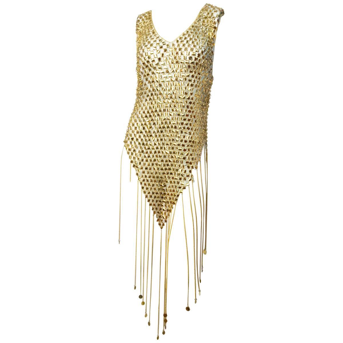 1960s Gold Paco Rabanne Mini Fringe Dress & Hat 