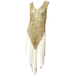 1960s Gold Paco Rabanne Mini Fringe Dress & Hat