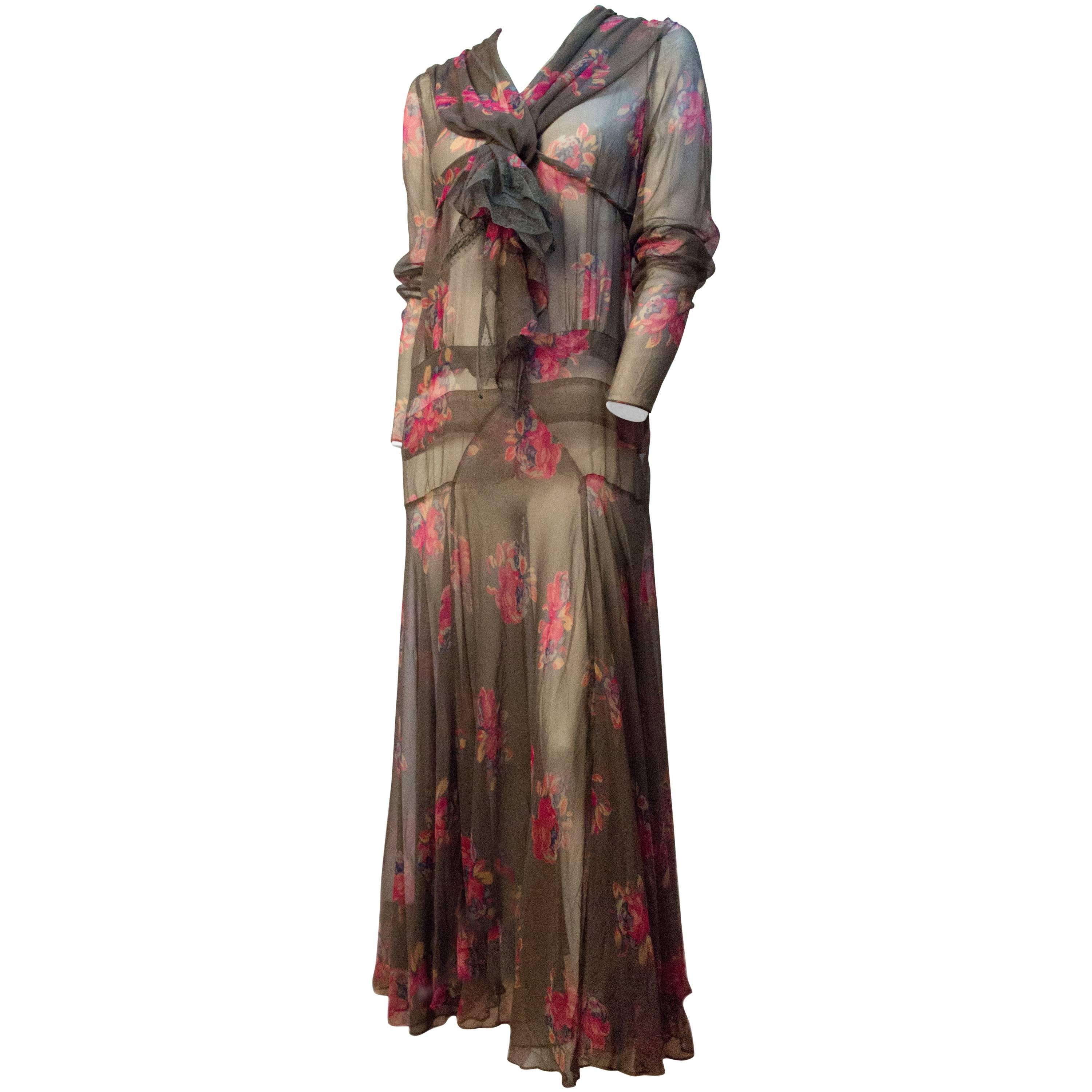 20s Grey and Pink Floral Chiffon Bias Cut Dress For Sale