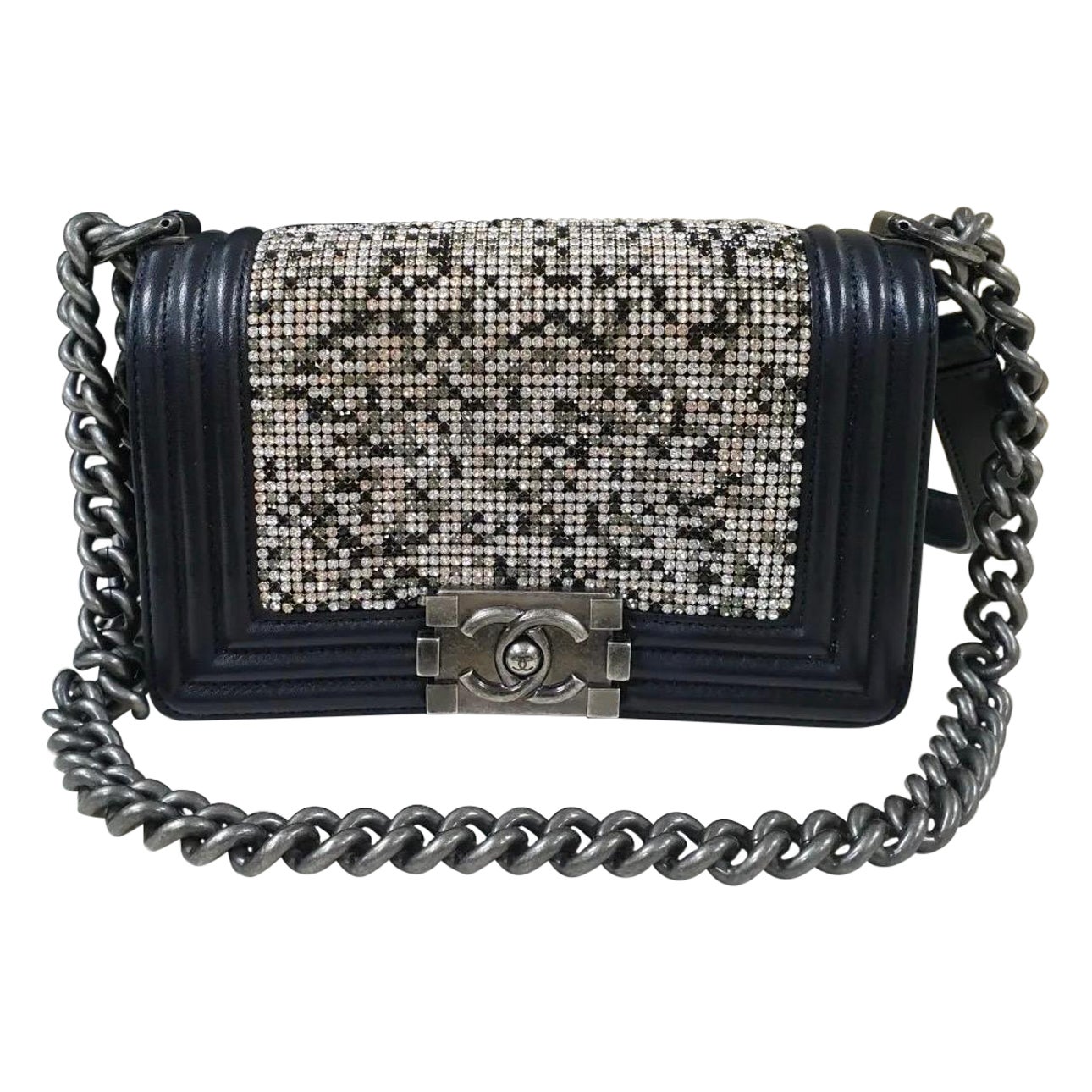 Chanel Swarovski Crystal and Black Lambskin Leather Small Boy Bag For Sale  at 1stDibs