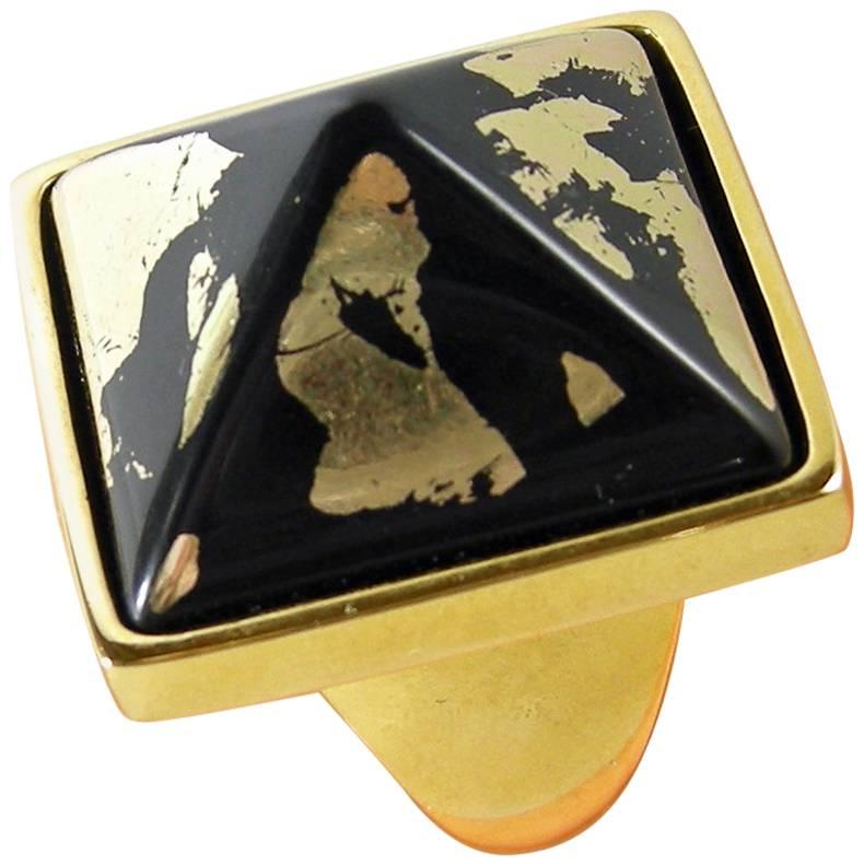 Kenneth Jay Lane Black-Gold Pyramid Ring For Sale