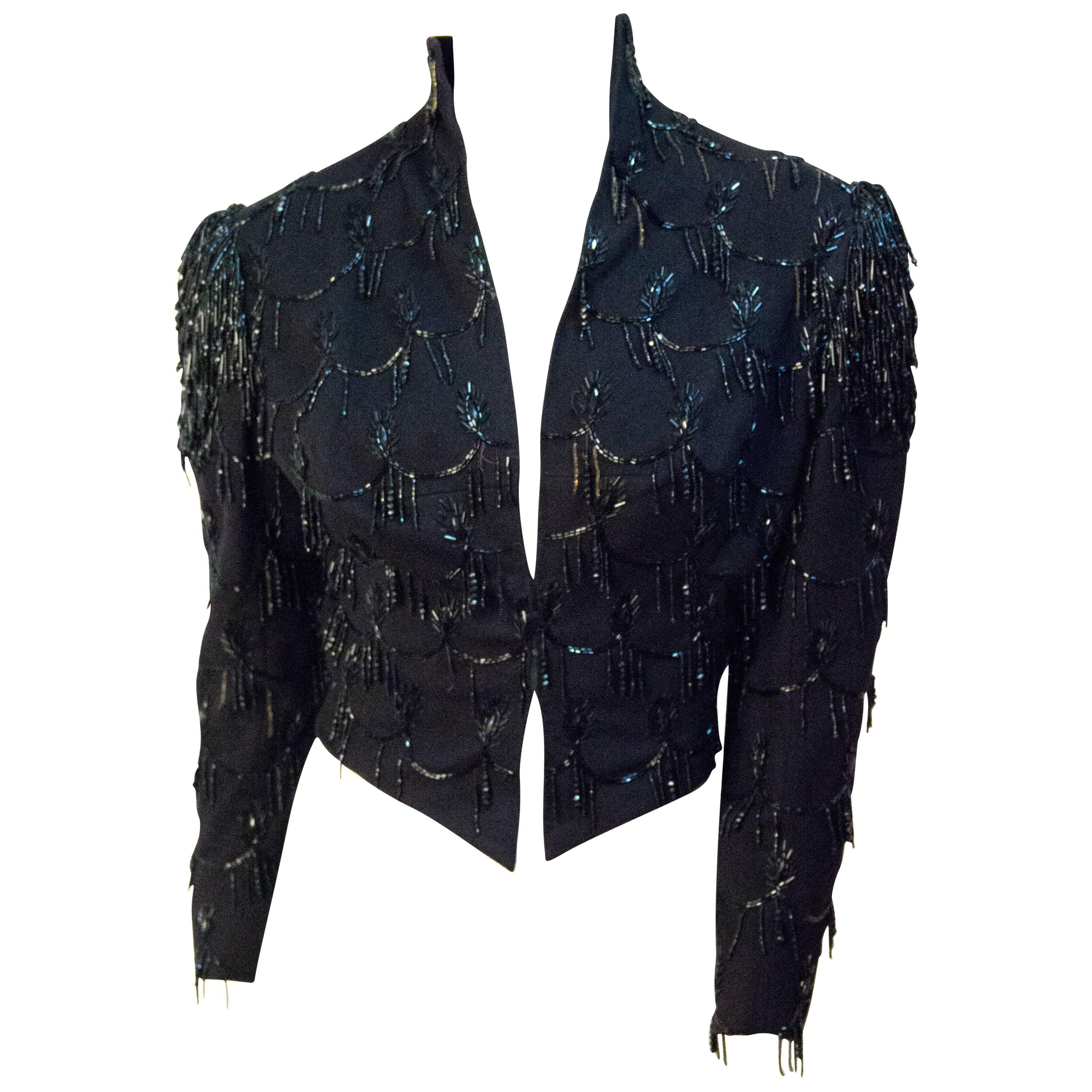 Victorian Black Wool jacket with Jet Bead Embellishment & Beaded Fringe Shoulder For Sale