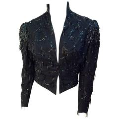 Victorian Black Wool jacket with Jet Bead Embellishment & Beaded Fringe Shoulder