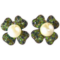 Vintage Kenneth Lane Four Leaf Clover Green Rhinestone/Faux Pearl Clip Earrings
