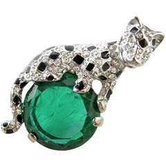Kenneth Jay Lane Leopard / Panther Emerald Brooch Pin
