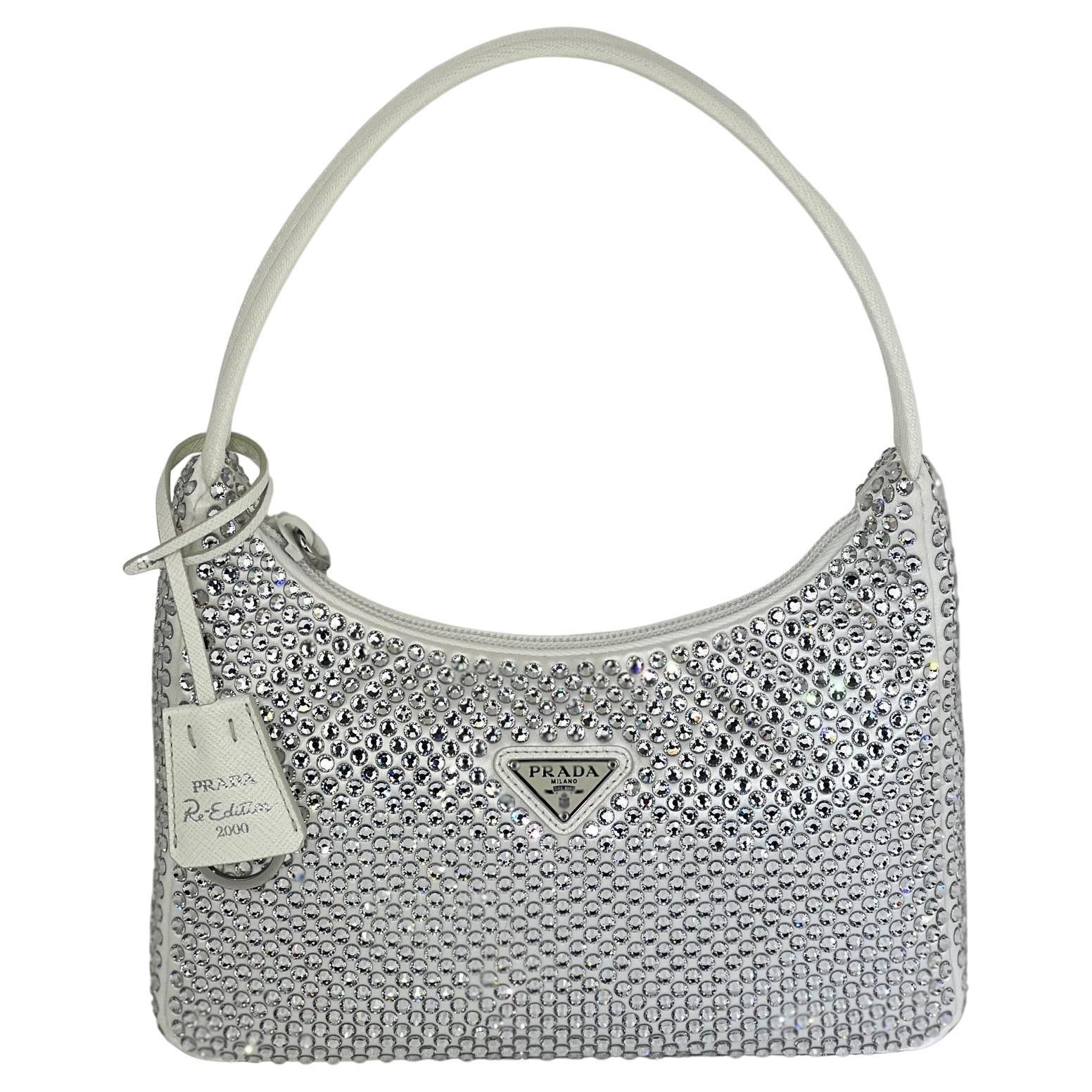 Prada Hand Bag Re Edition 2000 Satin White Mini-Bag with Crystals Bag New
