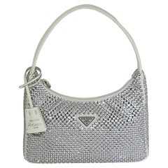 Prada Handtasche Re Edition 2000 Satin Weiß Mini-Tasche mit Kristallen Tasche Neu