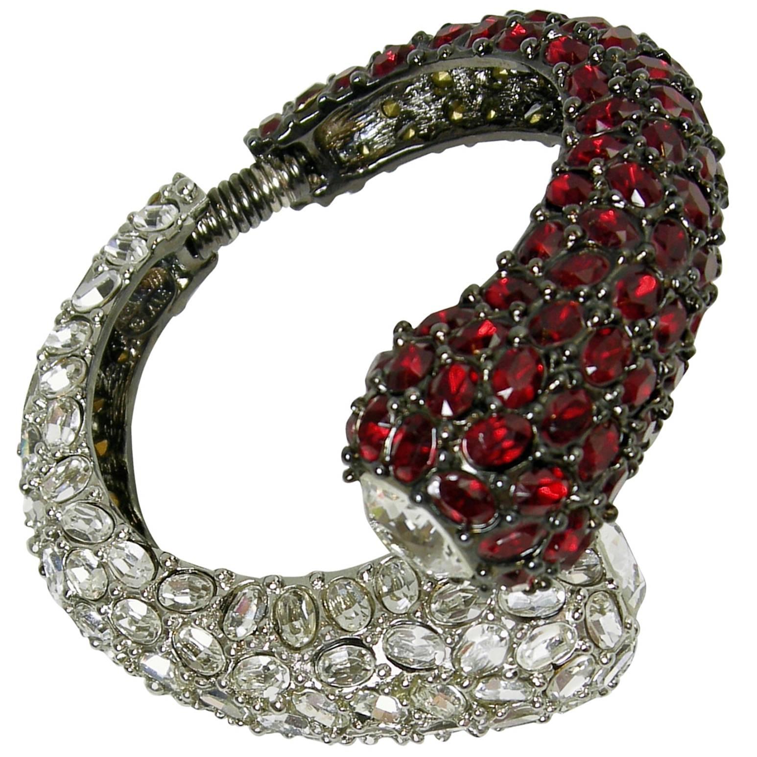 Kenneth Jay Lane Clear and Ruby Red Clamper Bracelet For Sale