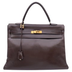 Hermes Used Brown Leather Kelly 35 Retourne Bag Handbag