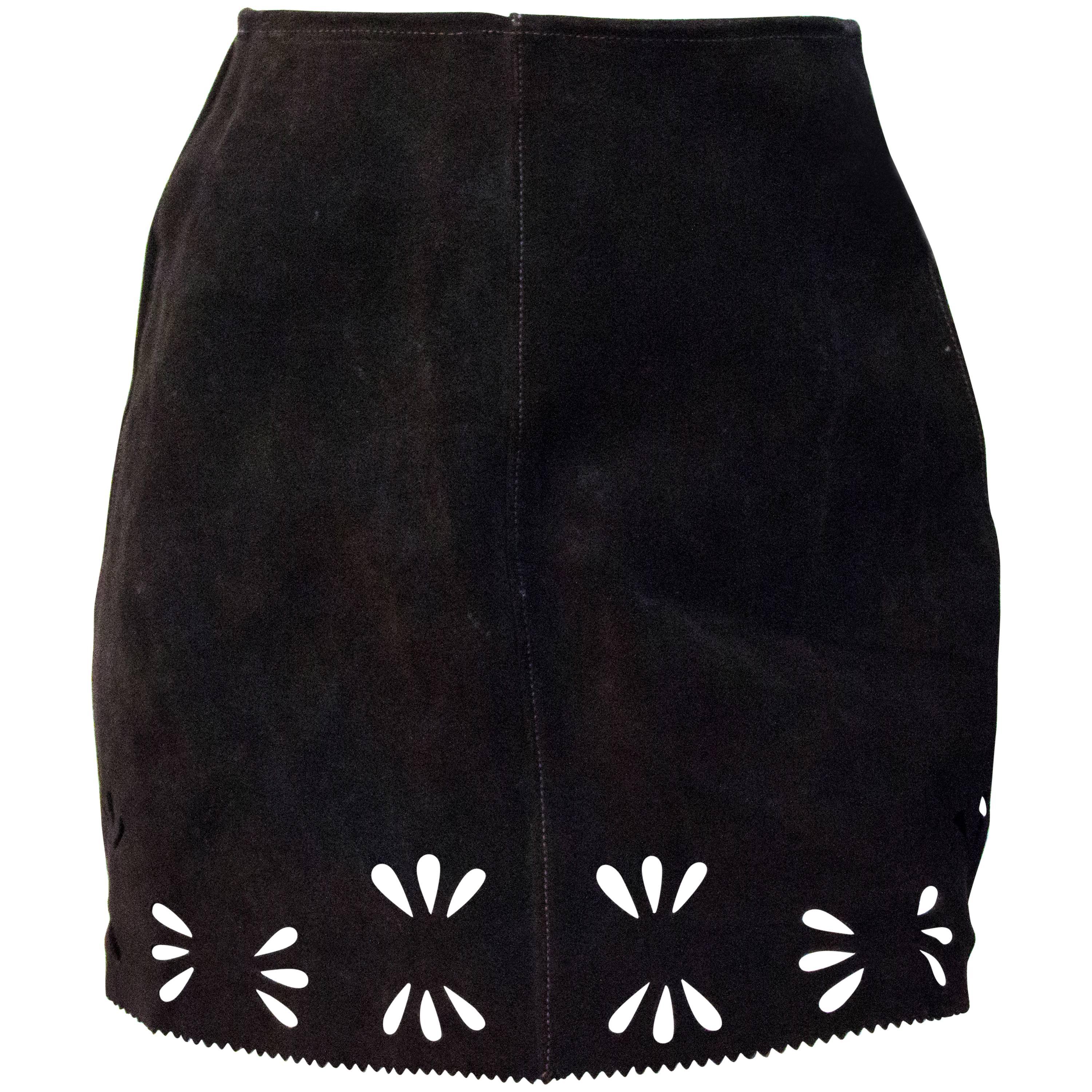 60s Brown Suede Mini Skirt with Cut Outs 