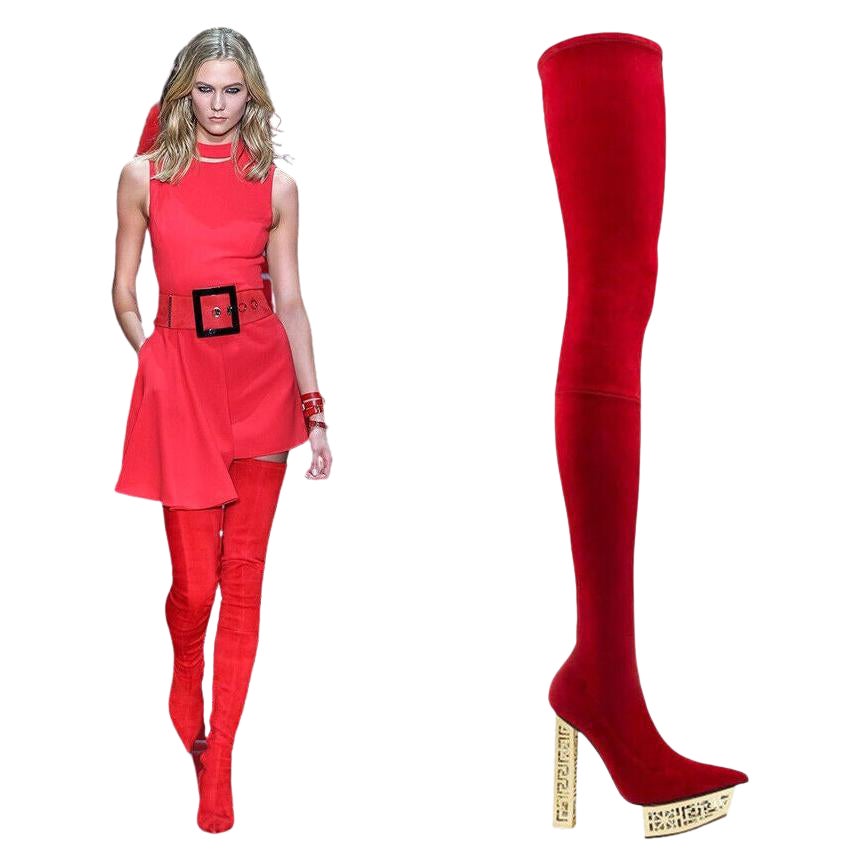 Fall 2015 Look # 8 NEW VERSACE RED SUEDE LETHER GREEK KEY OVER KNEE BOOTS 39 - 9 For Sale