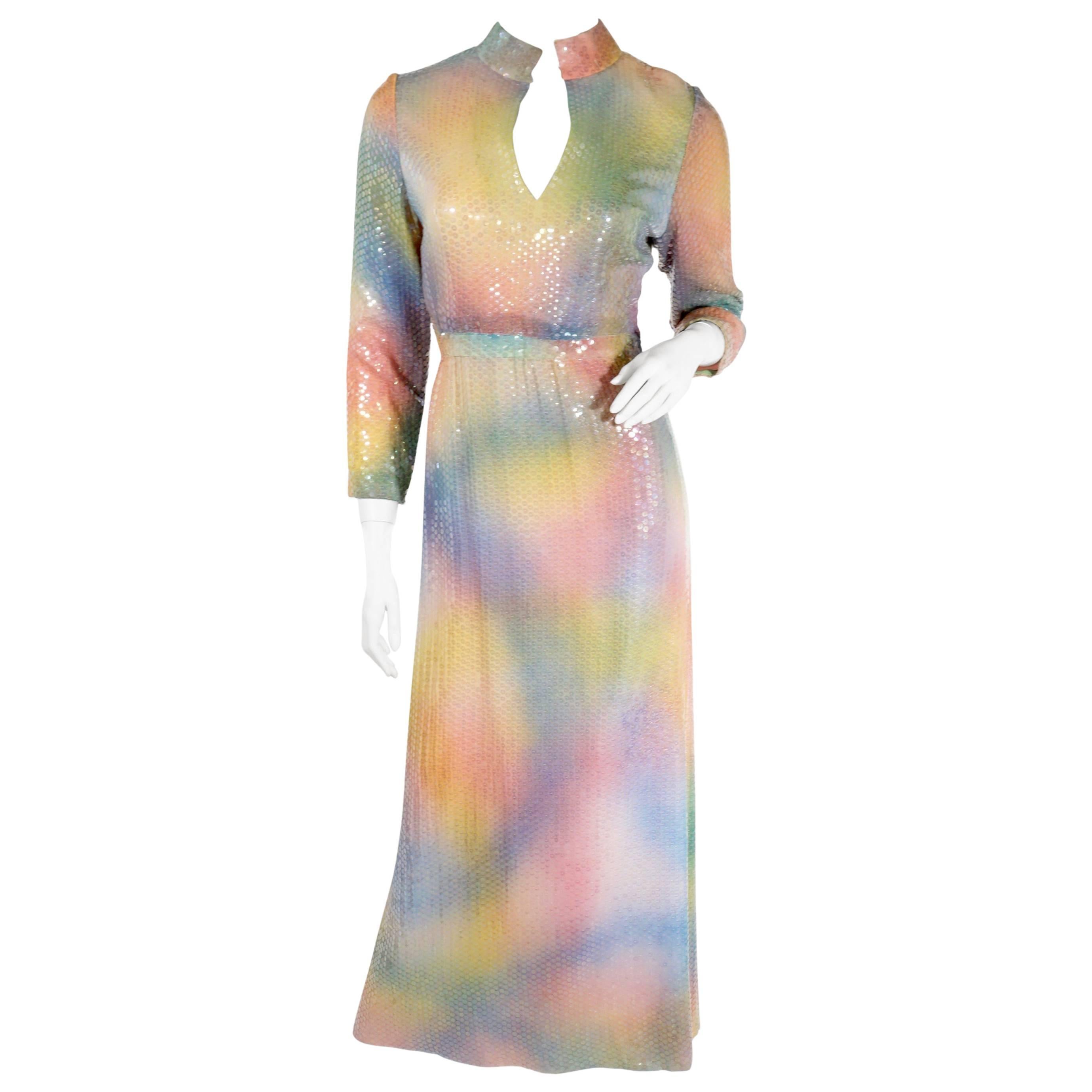 70s Malcolm Starr Multi Colored Sequin Full Length Dress For Sale