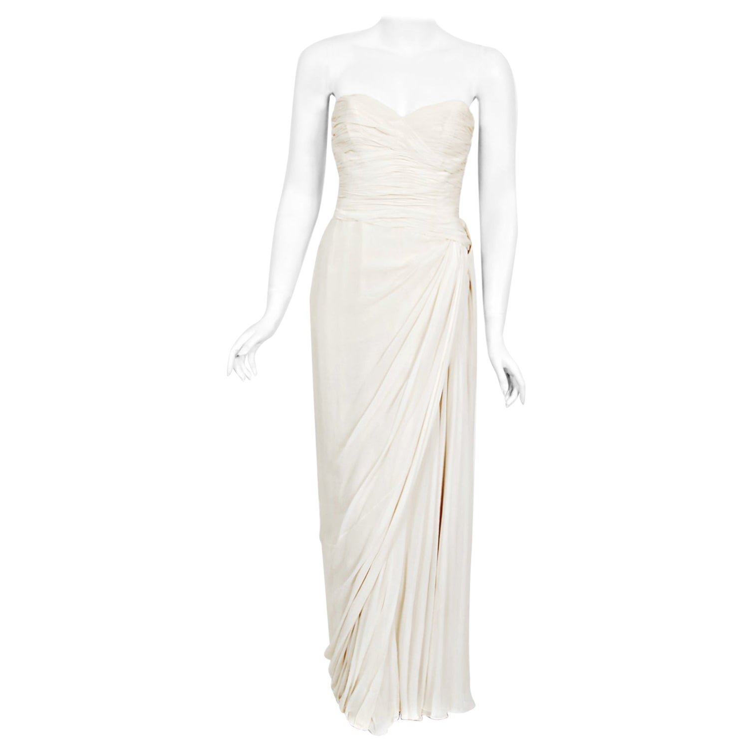 Vintage 1950s Jean Dessès Haute Couture Ivory Silk Chiffon Strapless Draped Gown