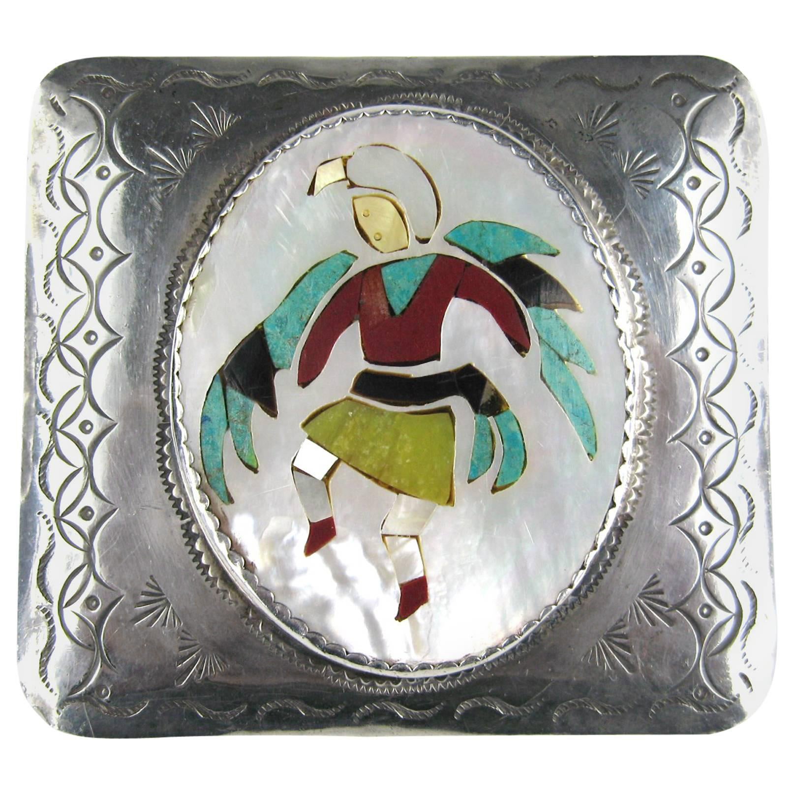 Sterling Silver Native American ZUNI Kachina Inlaid Belt Buckle  For Sale