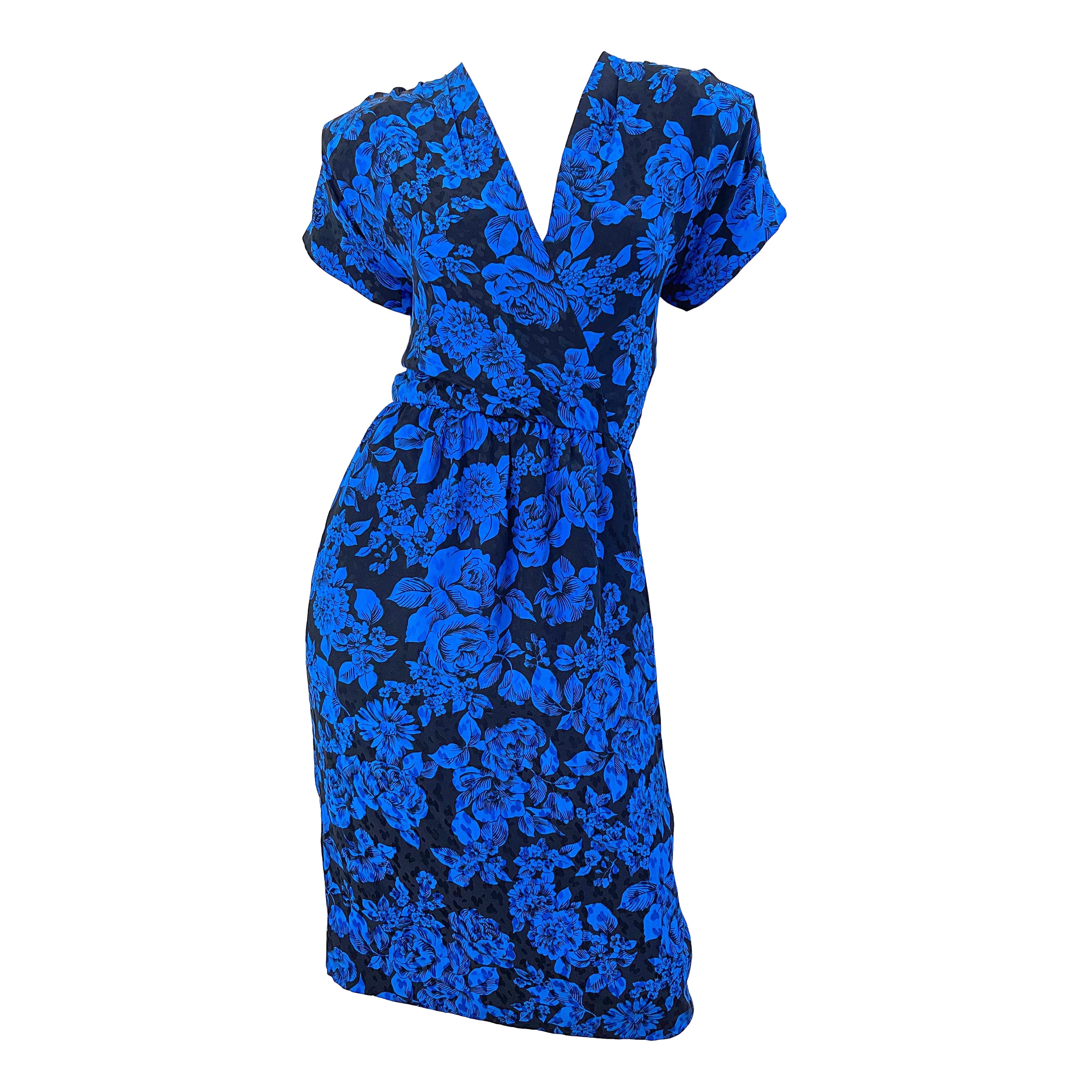 1980s Yves Saint Laurent Blue Black Floral Print Vintage 80s Silk Dress Size 42  For Sale