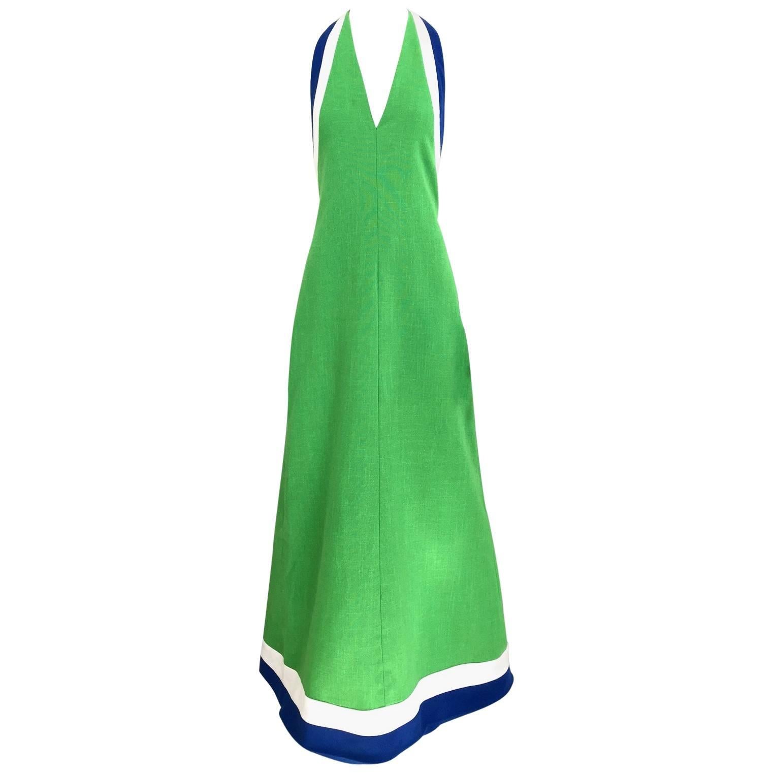 1970s Green Blue and White Linen V Neck Halter Maxi Summer Dress, 70s